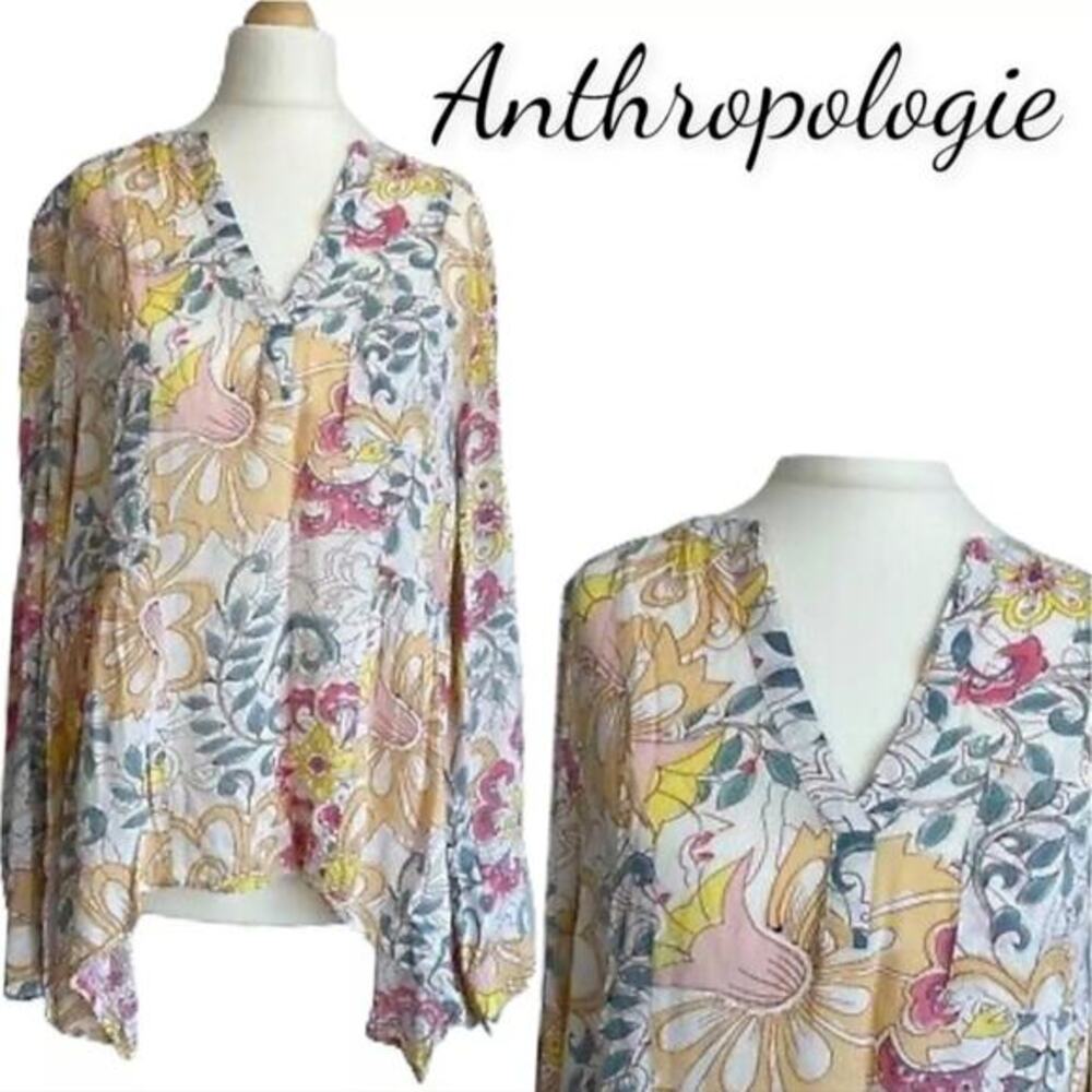 Maeve Anthropologie Floral Peplum Blouse Pink Yellow Blue Boho Rayon Top Size 6